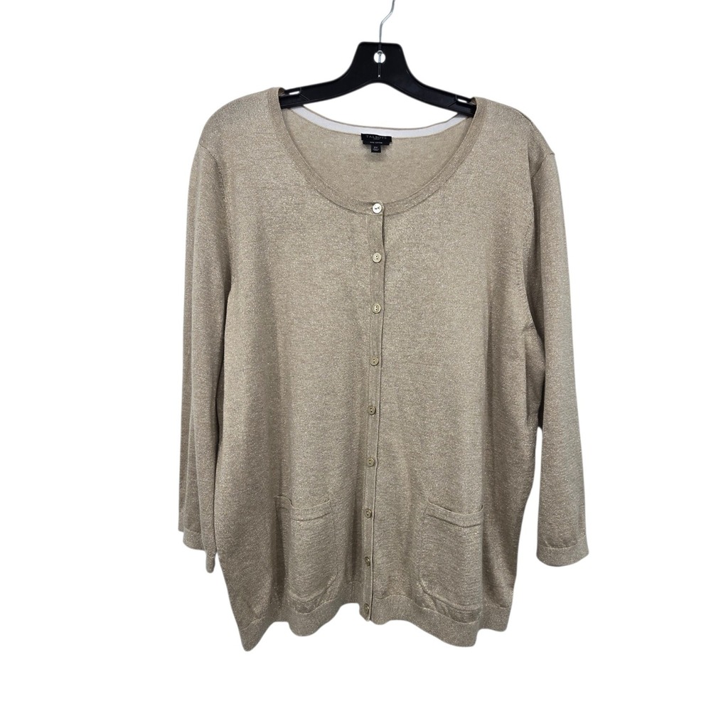 Talbots Metallic Cardigan Sweater Women 2X Gold 3/4 Sleeves Button Holiday Party